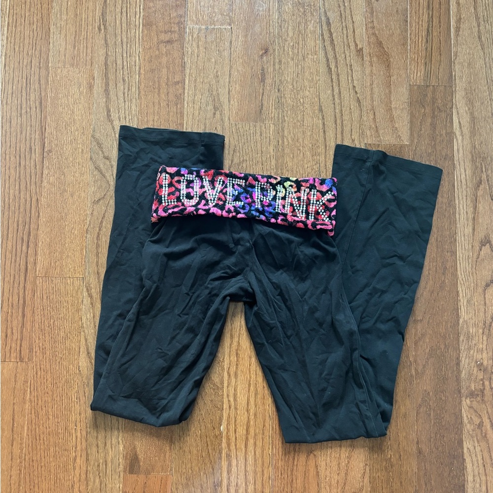 Y2k Victoria’s secret PINK fold over lace flare yoga pants black - extra small - Picture 2 of 6